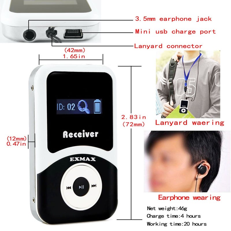 EXMAX EX-100R EX-100 Receiver for Wireless Tour Guide Monitoring Acoustic Audio Voice Transmission System Earphone for Church Translation Interpreting Teaching Conference Travel Museum (1 Receiver) - Image 3